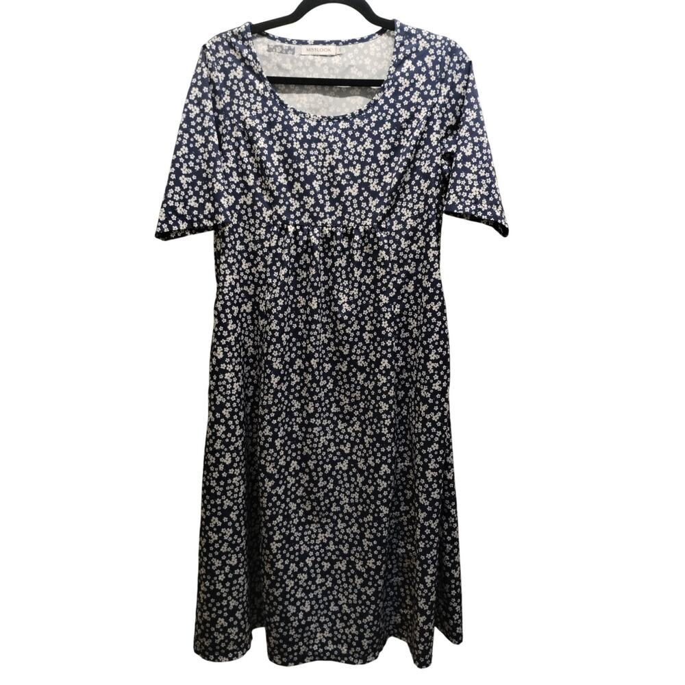 Misslook Women's Size Small Blue & White Short Sleeve Floral Shift Dress